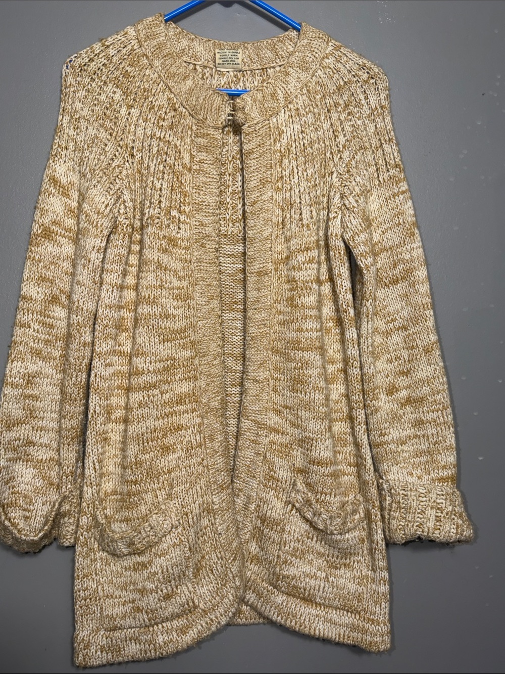 Vintage 70s Chunky Marled Knit Longline Cardigan Boho Granola Girl Duster M